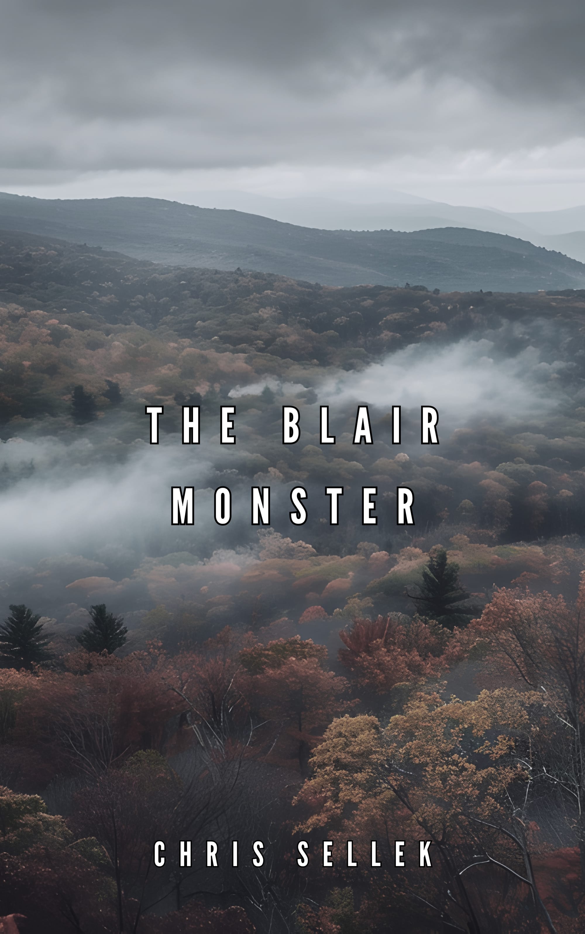 A picture of smoky mountains in the background with the text "The Blair Monster" and "Chris Sellek" in the foreground.